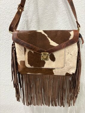 Brown and Cream Fringe Crossbody Bag - Leather & Haircalf